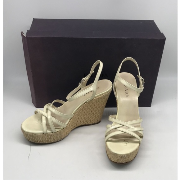 Prada strappy straw wedge patent off-white ankle strap leather sandal sz 38.5 - Picture 1 of 12